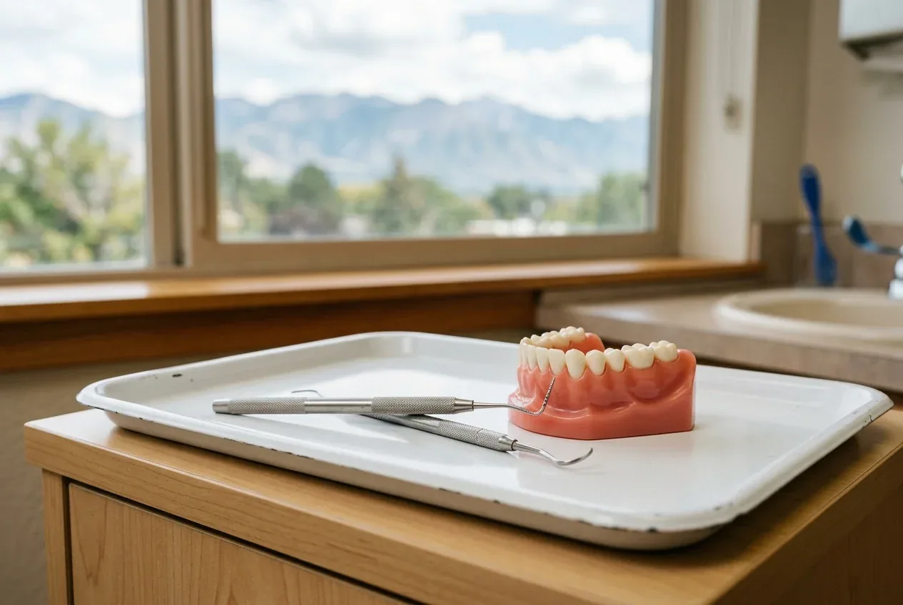 Dental model of teeth and gums with instruments on a white tray by a clinic window.