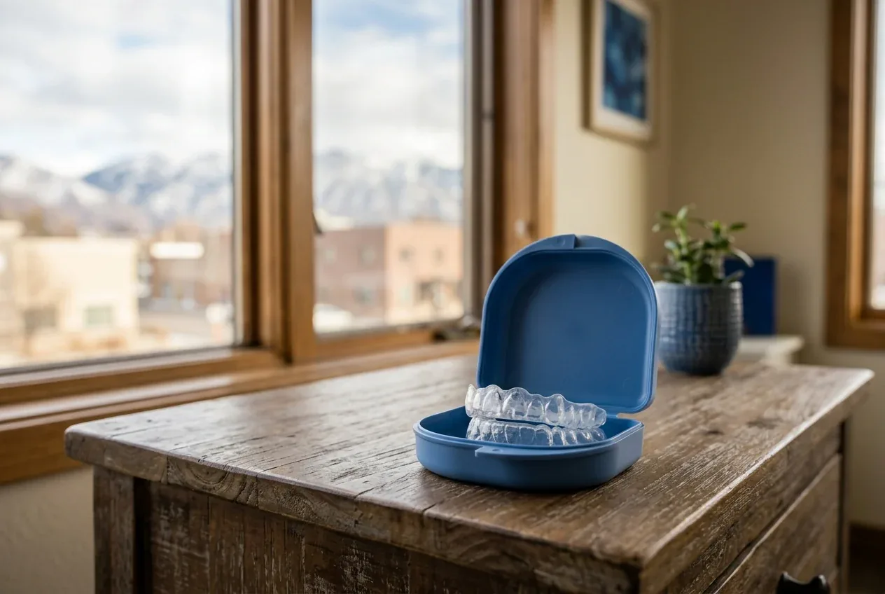 Clear night guards inside an open blue case resting on a wooden table near a window.