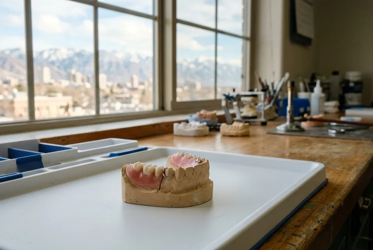 Partial denture fitted on a dental cast on a workbench tray in front of a window.