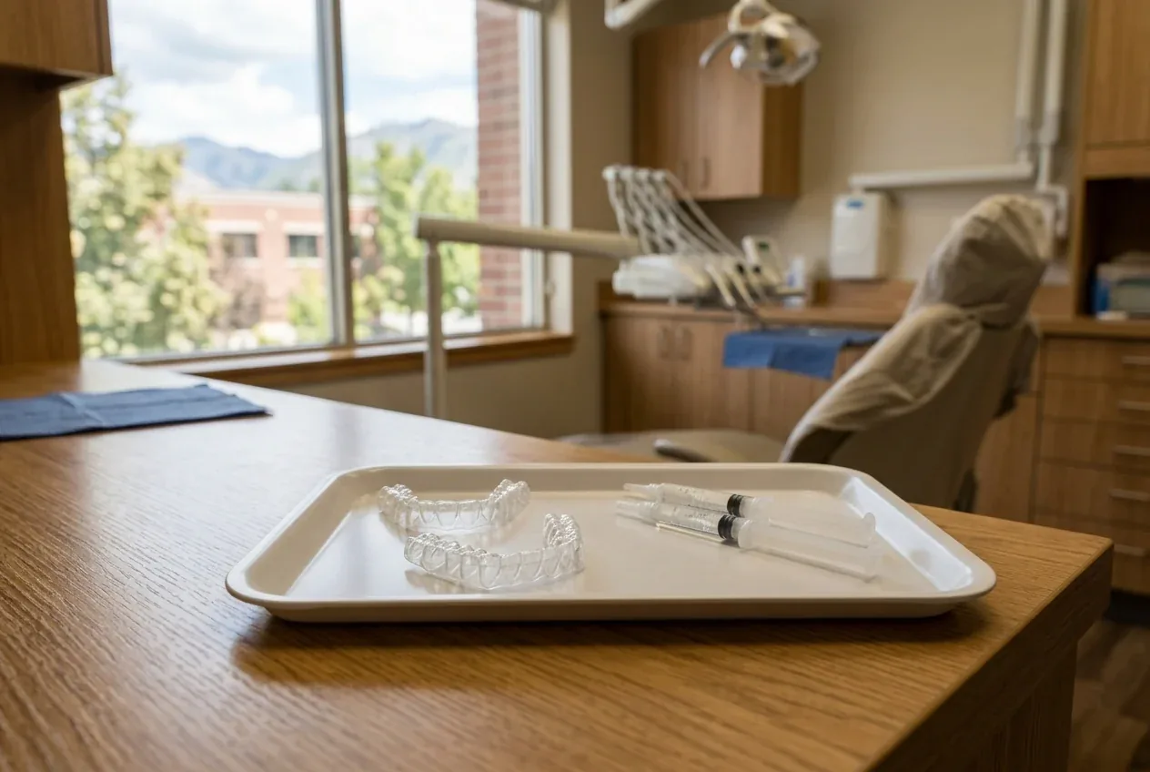 Clear teeth whitening trays and gel syringes on a tray in a dental clinic exam room.
