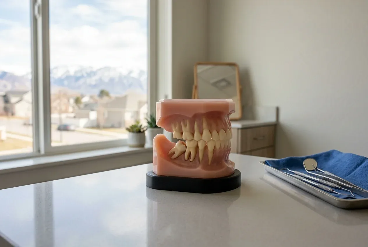 Model of jaws showing tooth roots and an impacted wisdom tooth next to dental instruments.